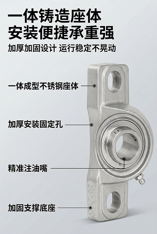 2:3竖版电商详情页产品结构细节海报，8K超高清，工业高级杂志风排版，整体风格统一无割裂感；主视觉为严格还原上传的带座轴承产品，完整还原产品所有细节，放大展示立式座体、安装孔、SP205钢印标识、注油嘴的超高清特写，产品与画面比例1:1协调无突兀感，金属铸造质感真实细腻；画面顶部主标题用加粗无衬线工业字体："一体铸造座体 安装便捷承重强"，副标题为："加厚加固设计 运行稳定不晃动"；画面侧边用引线标注核心结构："一体成型不锈钢座体"、"加厚安装固定孔"、"精准注油嘴"、"加固支撑底座"；整体采用右图左文网格排版，中文文字全部统一为加粗无衬线工业字体，背景为浅灰渐变，突出结构细节，卖点可视化清晰。负面提示词：画面模糊，座体变形，钢印标识错误，细节丢失，产品比例失调，文字不清晰，风格割裂，颜色偏差，金属质感错误，多余装饰