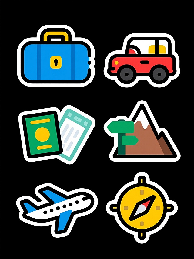 一组六个完全不同的旅行主题元素图标，采用简约扁平卡通风格，粗黑色描边，鲜亮明快的色彩搭配，每个图标带有轻微立体阴影效果，纯色背景。元素包括：1. 蓝色行李箱配黄色提手和金属锁扣；2. 红色敞篷越野车；3. 绿色护照和机票；4. 棕色山峰与绿色路牌；5. 蓝白相间客机；6. 黄色指南针。所有图标呈2x3网格状规整排布，保持一致的视觉风格和旅行主题统一性。