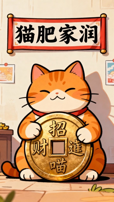 橘猫抱着的巨大铜钱上，刻的不是“某某通宝”，而是“招财喵”三个字。它身后的背景墙上，贴着一条二次元风格的横幅，写着“猫肥家润”。预览效果