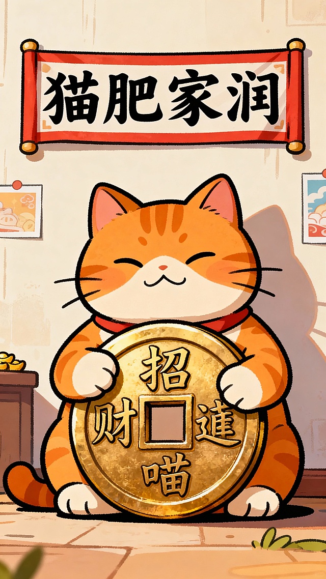 卡通风格招财猫拟人插画，国潮风与鎏金元素结合，手持“招财进喵”大铜钱，喜庆可爱，传递新春祝福。