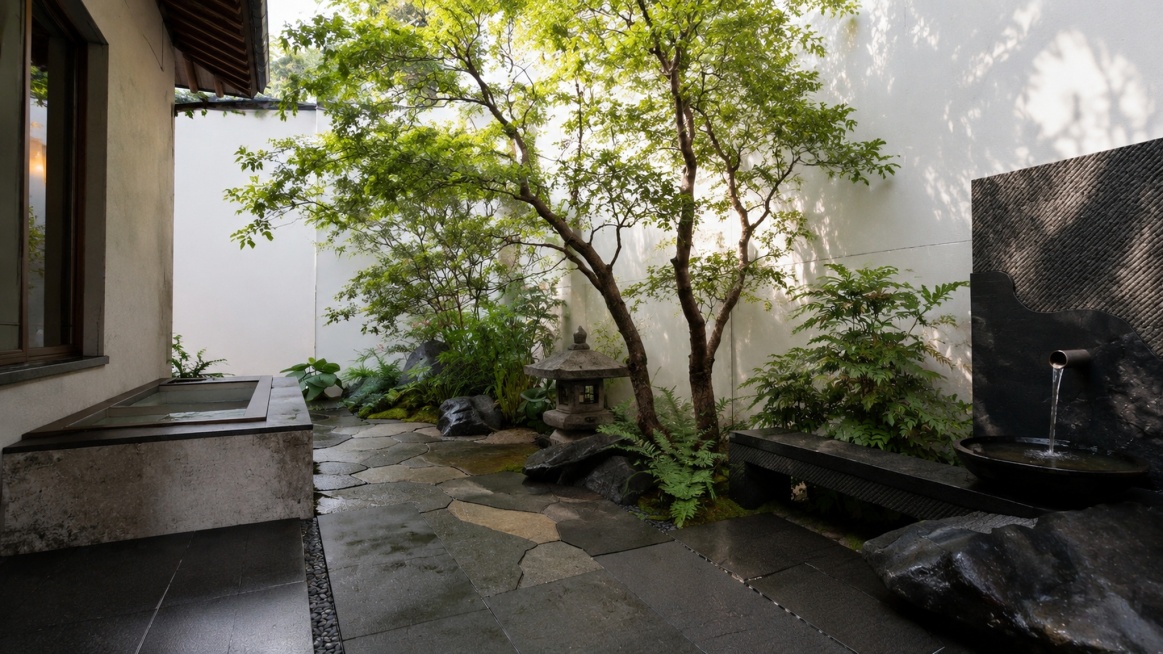 生成实景照片效果，保留日式庭院石灯笼和植物的结构，转为真实照片质感，自然真实的光影预览效果
