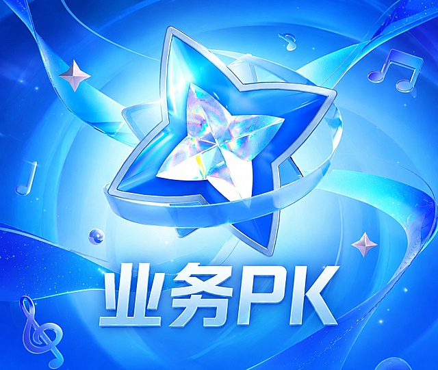 保留原有五角星和音符装饰设计，将夏日庆典四个字改为业务PK，删除其他所有文字，将图片整体色系调整为蓝色