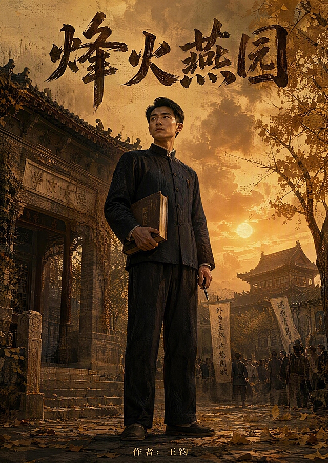 民国时期燕京大学校园背景，古色古香的中式古典建筑，飞檐翘角，银杏古树，黄昏时分暖金色夕阳光线，空气中弥漫着淡淡的烟尘与历史厚重感。画面中央是一位俊秀的民国男青年大学生，穿着藏青色立领民国学生装，黑色长裤，黑色布鞋，面容清俊坚毅，短发，眼神坚定望向远方，手中紧握着一本厚重的书籍与一支钢笔，象征着知识与抗争的力量。整体画面风格为写实油画质感，电影级光影，史诗感与悲壮感并存，色调偏暖棕与暗金，营造烽火岁月的氛围。画面上方有醒目的书法字体文字："烽火燕园"，下方小字："作者：王钧"。