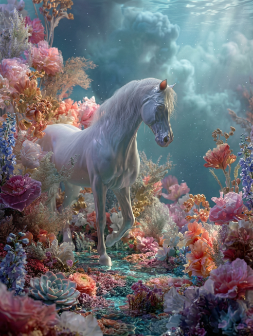 水下花园中优雅的白马，环绕缤纷花卉与缥缈云气，Cinema 4D超写实质感，精细花艺构图，奇幻氛围，柔化边缘，细节精致，仿佛踏水而行预览效果