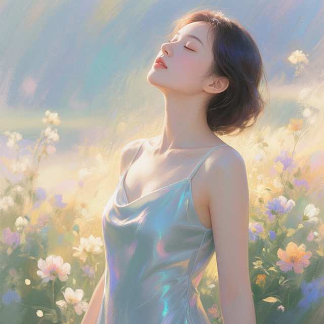 梦幻水彩风插画，柔和光影交织，少女于花海中静享春日浪漫，虚拟自然中的唯美瞬间。