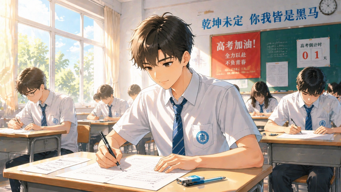 保留图片的原人物不变，高中男生考场参加高考，保持原有动漫风格，教室考场背景，高考加油标语，阳光从窗户照入预览效果