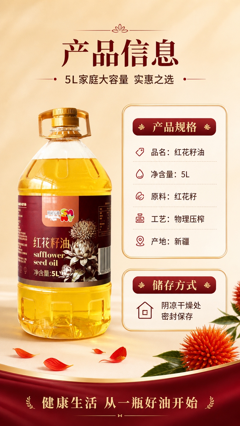 [商品] 使用【图1】神秘尼雅新疆红花籽油5L装；保留瓶身、标… - 图片创意预览