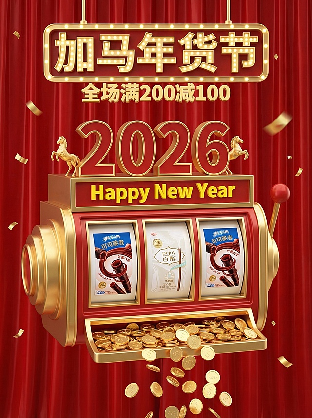 3D写实风，视觉中心是一台老虎机造型装置（悬空，正面视角，金属材质金红配色，机器上装饰“2026”立体数字、小金马，机器中部装饰“Happy New Year”黄色小字，机器底部吐出大量金币），机器滚轮区转出图中商品。背景是红色光泽幕布，周围散落金色碎片。顶部金色3D灯牌标题“加马年货节”，副标题3d金色小字“全场满200减100”。