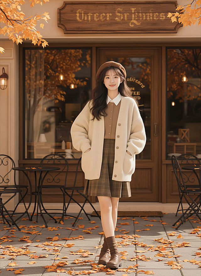 背景是街边复古咖啡店，秋天落叶，光影柔和