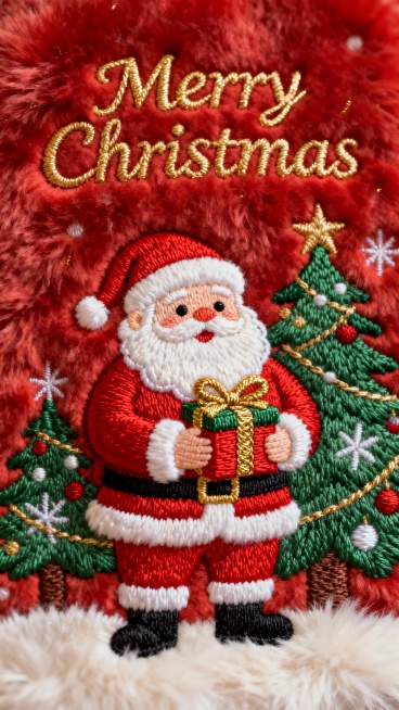 圣诞老人手里捧着圣诞礼物站在圣诞树前，金色英文标题“Merry Christmas”，圣诞配色，红色背景预览效果