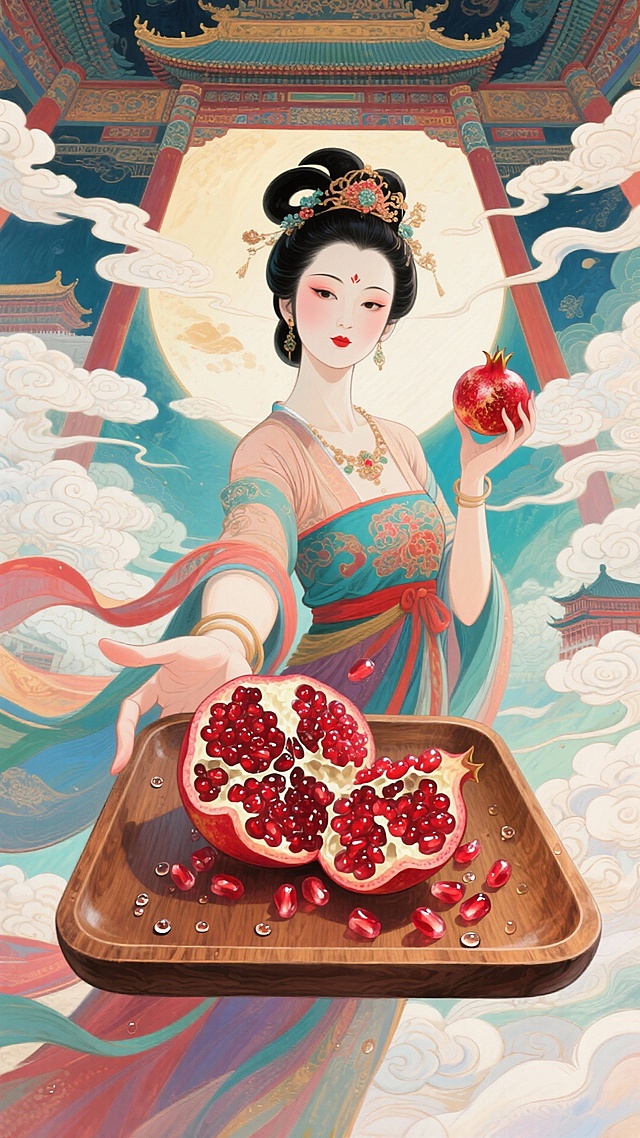 杨贵妃上半身近景特写，右手拿着巨大的木质方形盘子伸向前面，里面有剥开的新鲜石榴，石榴果还带着水珠，石榴籽如红宝石般自然的洒在盘子里，左手拿着一颗石榴，人物看向前方，强烈的仰视透视感，广角镜头，背景是长安城华丽宫殿背景。