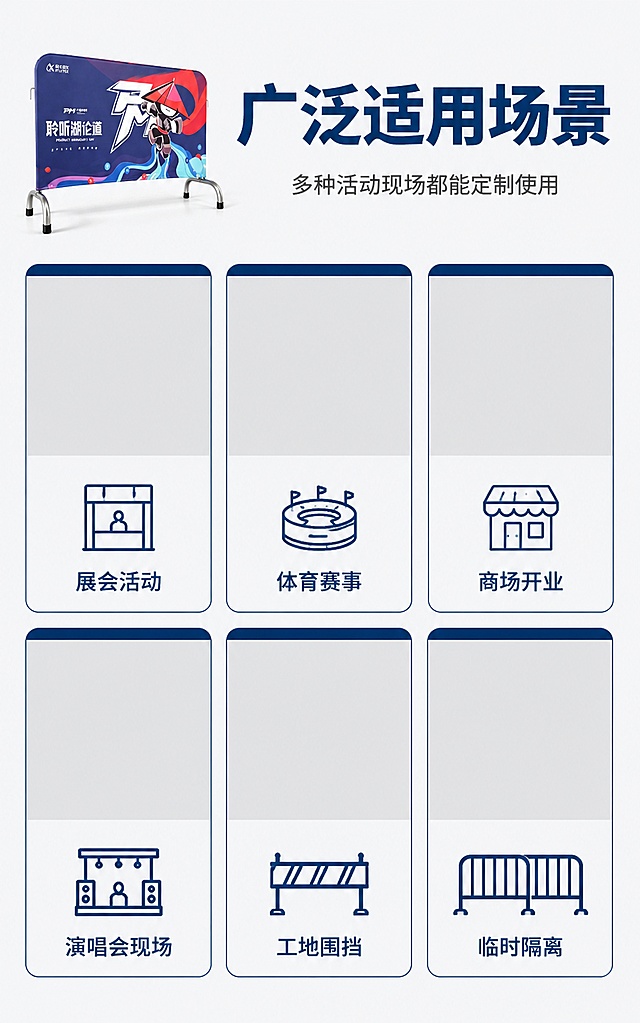淘宝电商详情页场景展示模块，工厂商务风，深蓝浅灰配色。画面顶部为标题区，主标题大字「广泛适用场景」，副标题「多种活动现场都能定制使用」，主副标题居中排列，字体为无衬线黑体，主标题深蓝色加粗，副标题浅灰色。主体区域为六宫格场景卡片，2行3列整齐排列，每张卡片为圆角矩形，浅灰色卡片底色配深蓝色边框或顶部色条，卡片内上半部分预留图片展示位（灰色占位区域），下半部分居中配统一风格的线性图标和场景名称文字，六个场景分别为：「展会活动」「体育赛事」「商场开业」「演唱会现场」「工地围挡」「临时隔离」。卡片间距均匀，整体布局规整对称。左上角或顶部可放置小型产品展示位（展示围挡展示架产品缩略）。整体风格专业商务，深蓝(#1a3a6b)为主色，浅灰(#f0f2f5)为底色，白色卡片，图标统一线性风格。画面干净整洁，无多余装饰，适合电商详情页单屏展示。文字清晰可读，无错别字，无水印，无无关人物，无杂乱图案。