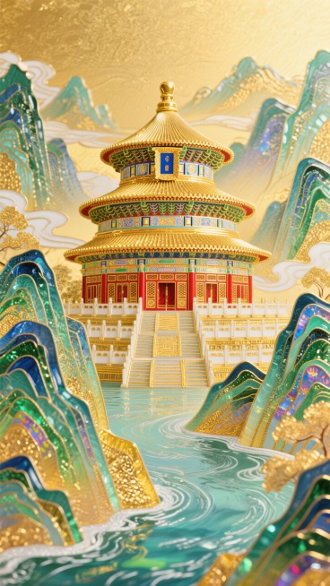 天坛+山河，金色背景预览效果