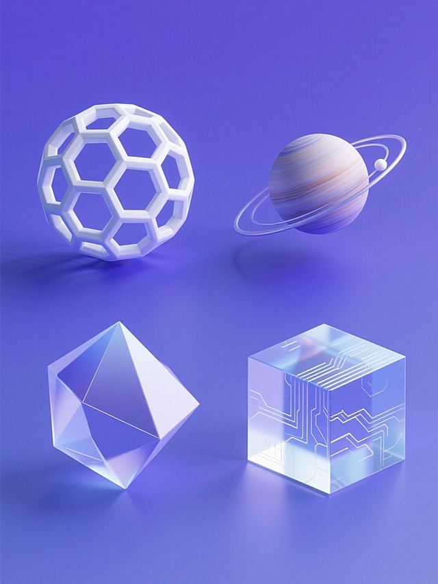 科技风格系列素材集合，纯色背景，保持原图3D渐变质感、平滑光影过渡、几何形态的设计风格，画面整体色彩变换为科技感蓝紫色调，规整排布四个完全不同的3D几何元素：一个由多个六边形嵌套组成的立体蜂窝结构、一个带有环形轨道和行星体的微型宇宙模型、一个由多个三角形面拼接而成的不规则多面体、一个内部有复杂线路纹理的透明立方体，每个元素均具有精致的高光细节和半透明渐变效果，视觉层次分明，信息传达高效，符合科技主题的审美和宣传目的。