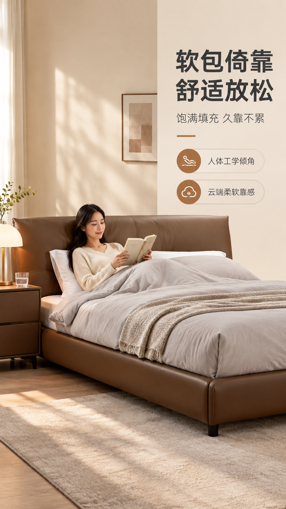 [商品] 使用【图1】意式极简落地款围边真皮床；保留棕色真皮床… - 图片创意预览