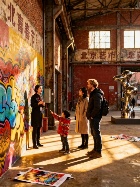 一个中国母亲 一个外国父亲和一个小孩春节在北京旅游画面，10张景点游玩，几张有导游的图预览效果
