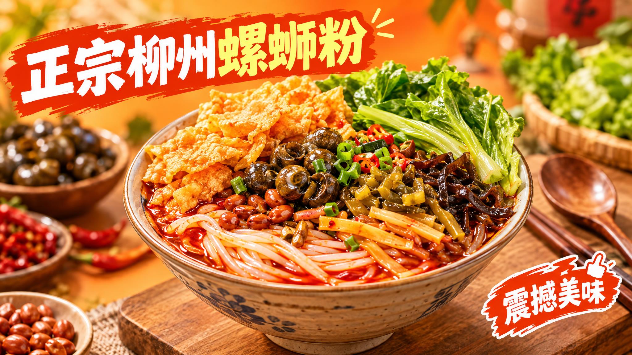 活力美食风格，暖橙色背景，画面中心是一盘色泽诱人的螺蛳粉，汤汁… - 图片创意预览
