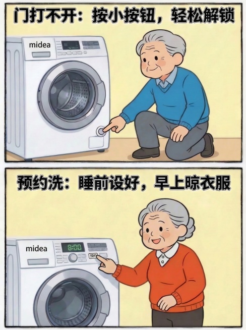 适合老年人看的两格温馨卡通漫画，分两格竖排，线条粗黑简洁，色彩明亮柔和，无复杂背景。第一格：使用之前的爷爷慈祥形象，按同款midea品牌洗衣机侧面应急解锁键，机门打开，配大而清晰的文字 "门打不开：按预览效果