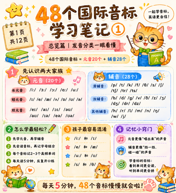 重新设计排版样式，保持所有文字内容完全不变，改为更童趣可爱的画风，保留猫咪等可爱卡通元素，整体风格活泼温馨预览效果