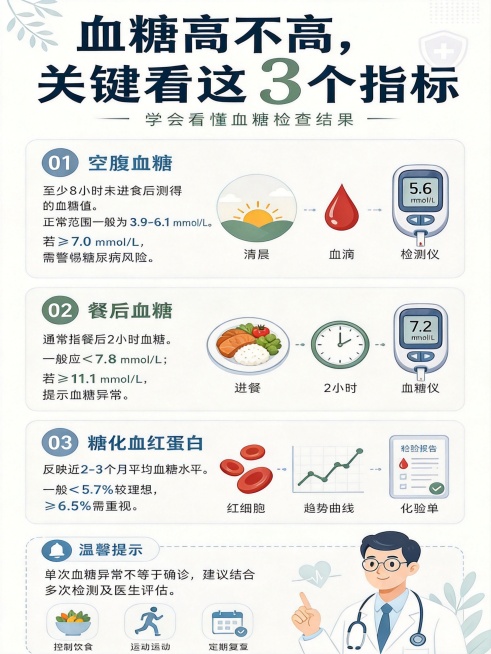 制作医疗科普海报，主题为"血糖高不高，关键看这3个指标"，副标题"学会看懂血糖检查结果"，保留原海报全部信息：1.空腹血糖：至少8小时未进食后测得的血糖值，正常范围一般为3.9-6.1 mmol/L，预览效果