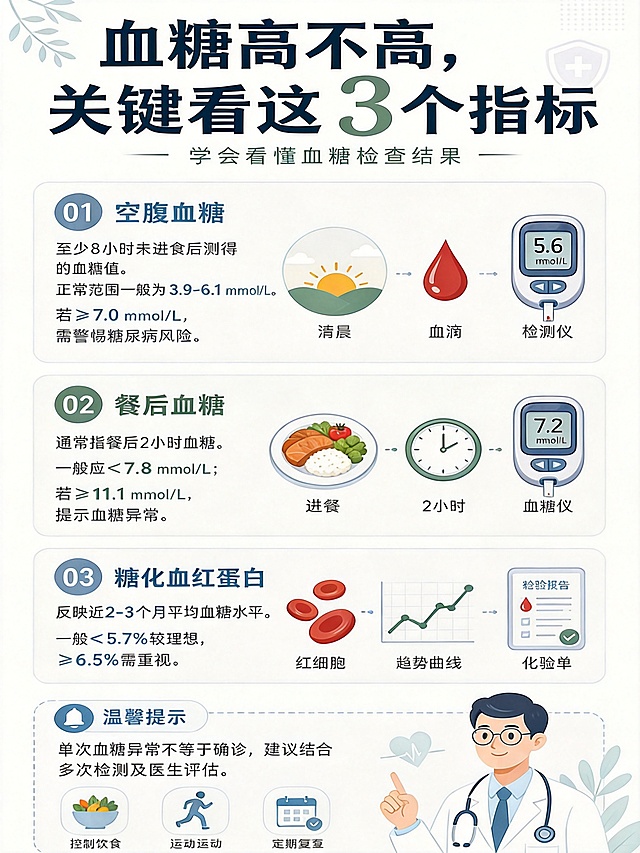 制作医疗科普海报，主题为"血糖高不高，关键看这3个指标"，副标题"学会看懂血糖检查结果"，保留原海报全部信息：1.空腹血糖：至少8小时未进食后测得的血糖值，正常范围一般为3.9-6.1 mmol/L，若≥7.0 mmol/L，需警惕糖尿病风险；2.餐后血糖：通常指餐后2小时血糖，一般应<7.8 mmol/L；若≥11.1 mmol/L，提示血糖异常；3.糖化血红蛋白：反映近2-3个月平均血糖水平，一般<5.7%较理想，≥6.5%需重视；底部温馨提示：单次血糖异常不等于确诊，建议结合多次检测及医生评估，以及控制饮食、规律运动、定期复查三个提示，使用不同风格重新设计，整体清爽专业的医疗科普风
