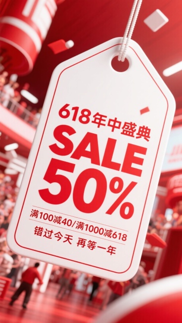 一个巨大的白色吊牌样式。中间文案（主标题红色粗体“618年中盛典 SALE 50%”，副标题“满100减40/满1000减618”。下方文案“错过今天再等一年”）。背景红白色系对比预览效果