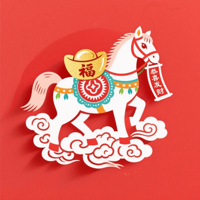 彩色拟人小马驮着带 “福” 字的金色元宝，嘴里叼着“恭喜发财”的对联，马蹄下有祥云，动态感，红色背景预览效果