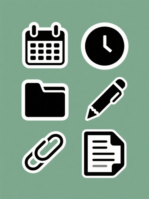 一套6个极简风格图标集合，每个图标均为纯色背景上的黑色简约剪影，保持统一的粗线条、几何化造型和2px白色轮廓特征，画面整体色彩变换为不同的纯色背景，元素类目为日常办公学习用品，包含：左侧带两个挂钩的日历图标、圆形时钟图标、方形文件夹图标、带笔帽的铅笔图标、回形针图标、纸张图标，所有图标规整排布成2行3列的网格布局。预览效果