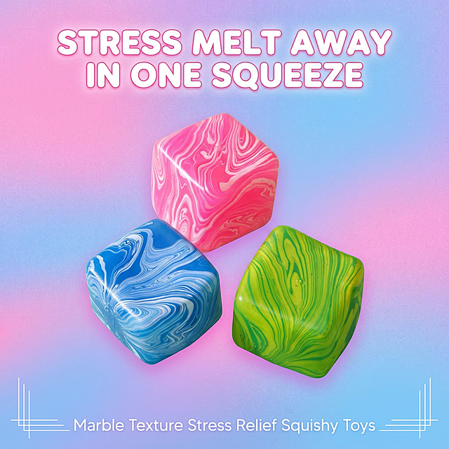严格还原参考图中的产品细节，完整保留产品4.5cm×4.5cm×4.5cm立方体造型、144g单只重量、流体大理石纹理、软胶材质质感。整体采用欧美Ins潮流治愈系视觉风格，高饱和明亮色调，杂志级精致居中排版。画面背景采用渐变霓虹感的马卡龙粉蓝撞色，带轻微磨砂颗粒质感。画面视觉中心是三款参考图中的流体纹理解压方块的高清特写，呈三角错落排布，光影柔和自然，软胶通透质感拉满，带细腻光泽感。画面顶部居中设置加粗圆润无衬线英文字体主标题 "STRESS MELT AWAY IN ONE SQUEEZE"，字体带轻微白色外发光效果。画面底部居中设置细体无衬线英文副标题 "Marble Texture Stress Relief Squishy Toys"，左右两侧搭配极简白色几何线条装饰。整体画面干净高级，视觉冲击力强，高清8K，细节拉满，无多余杂乱元素。