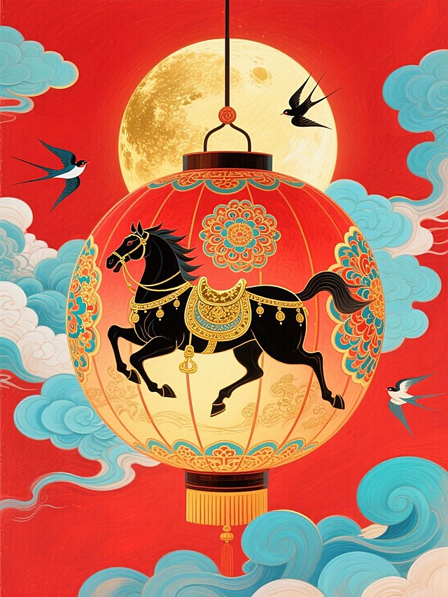 主体是球形宫灯（灯面上绘制披挂鎏金华丽鞍具的黑色奔马图腾和宝相花纹），背景为正红底 + 金色满月，点缀飞燕元素，色调以红、金、青蓝为主