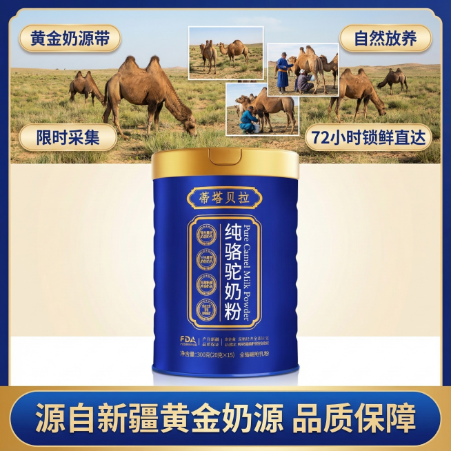稀缺性与源头信任：

图：牧场实拍（骆驼、草原/沙漠）、牧民挤奶场景、冷链运输车。

文案：“黄金奶源带”、“自然放养”、“限时采集”、“72小时锁鲜直达”。预览效果