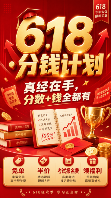 教育促销海报，主题为"618 ·分钱计划"，下方文案是"真经在手，分数+钱全都有"，底部标注"免单 半价 考试报名费 领福利"，整体风格现代简约，红色和金色为主色调，突出促销氛围，排版清晰，标题醒目，预览效果