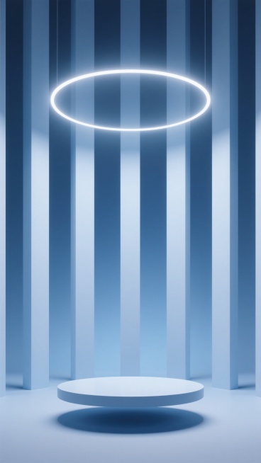 极简风格展台，干净简洁的设计，圆形悬浮展台，柔和渐变的蓝色主色调，背景有垂直排列的白色几何柱体，中央上方有发光的半透明圆环光效，柔和的顶部光源，清晰的阴影，光滑的材质表面，简约的现代感，无多余装饰元素预览效果