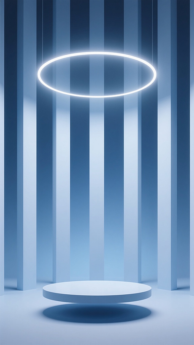 极简风格展台，干净简洁的设计，圆形悬浮展台，柔和渐变的蓝色主色调，背景有垂直排列的白色几何柱体，中央上方有发光的半透明圆环光效，柔和的顶部光源，清晰的阴影，光滑的材质表面，简约的现代感，无多余装饰元素