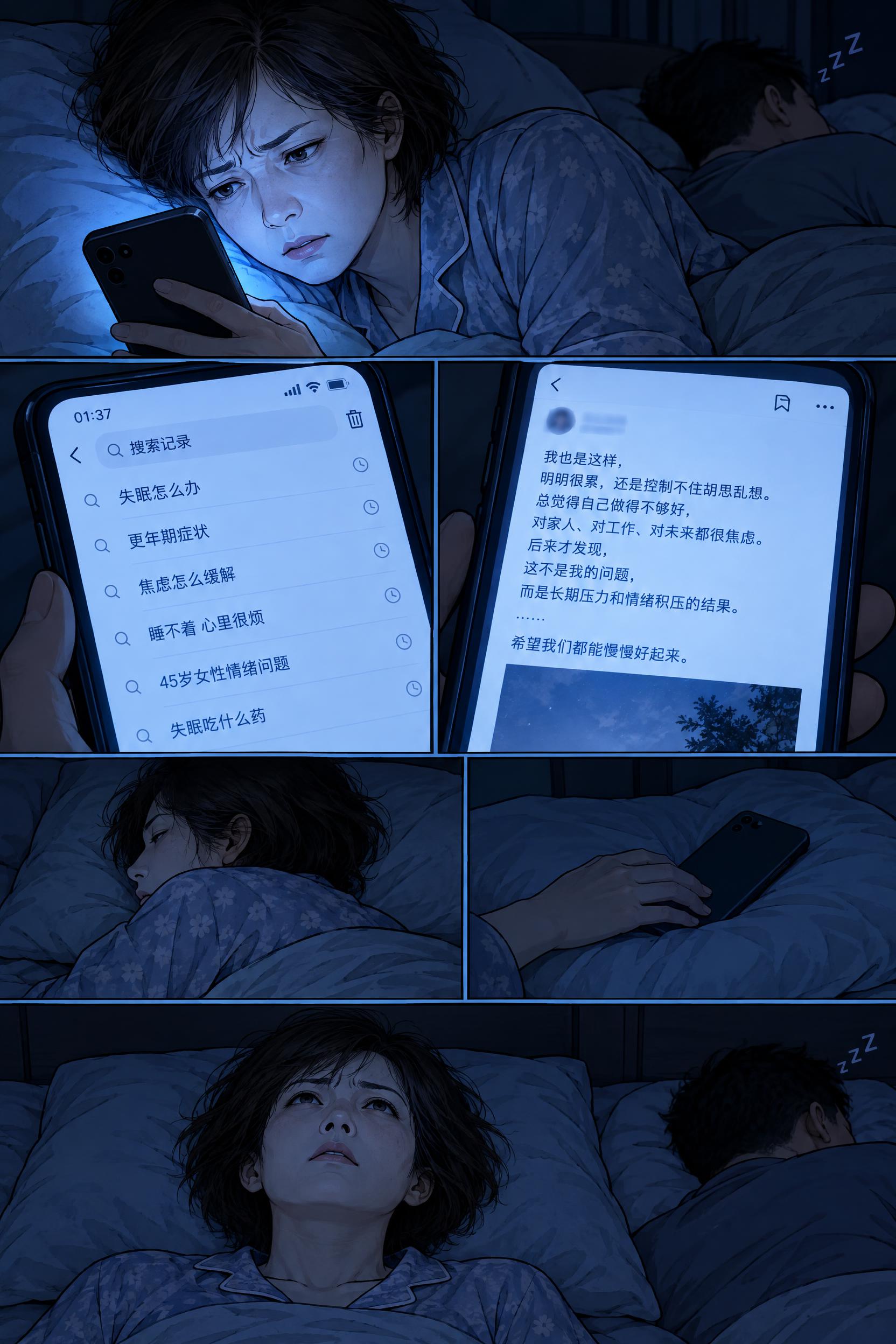 都市漫画风格，深夜卧室场景，昏暗的房间里只有手机屏幕的蓝光照亮… - 图片创意预览