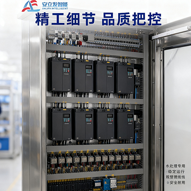 [主图 3] 变频控制柜内部细节特写展示；
[氛围/风格] 专业工业风，干净明亮背景，与整套主图风格光影完全统一，整体配色和LOGO风格保持一致。
[画面元素] 商业摄影质感、光线柔和通透、产品清晰真实、画面干净高级。聚焦放大展示产品的多台变频器排列和接线工艺区域，高清特写黑色变频器、规整彩色布线工艺和金属细节，突出精细做工和水处理专用品质，浅景深效果背景虚化突出主体细节。
[配色色系] 主色调：银灰柜体，黑色变频器，彩色线路点缀，保持整体配色干净专业。
[视角构图] 平视特写视角，细节居中展示，无边框满铺。
[文字版式] 顶部标题 "精工细节 品质把控" 蓝色加粗居中。右下角文字说明 "水处理专用 稳定运行\n规整布线 安全耐用" 小号黑色文字，放置在负空间不遮挡细节。
[比例分辨率] 1:1 比例，2k 分辨率；文字清晰可辨，超高清。
[负向提示词] 变形，改变原有LOGO，水印，文字错乱，细节模糊，背景杂乱，遮挡主体，过度锐化