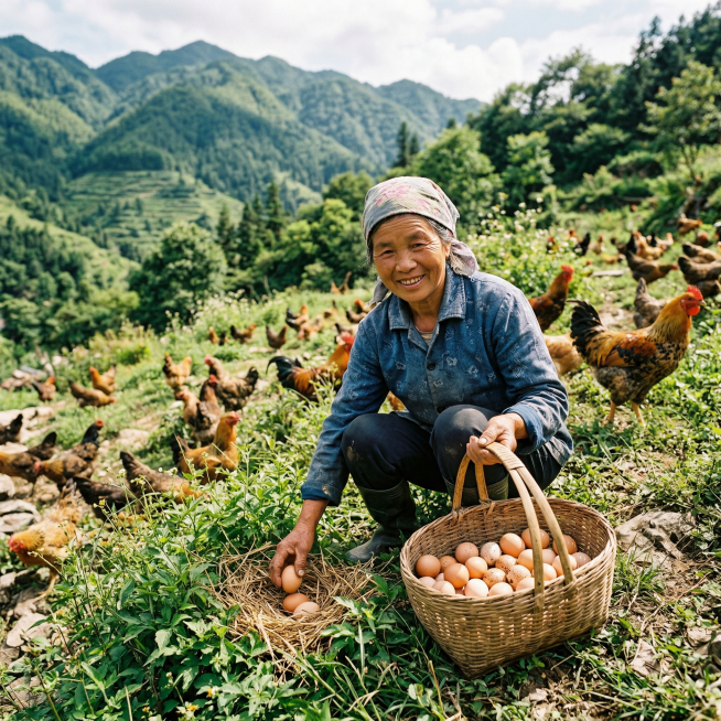 电商详情图，真实山区农户在散养养鸡场捡拾土鸡蛋，农户穿着朴素的农作衣服，竹篮里放着刚捡好的新鲜鸡蛋，周围是青山草地和散养的土鸡，阳光自然，画面温馨真实，体现农家自产新鲜直供的产品特点预览效果
