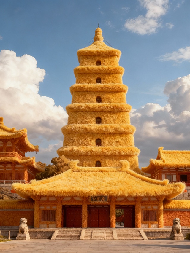 3D重拟物风中式古塔，毛发生长质感覆盖建筑，融合古典神圣与质朴意象，呈现超现实东方美学。