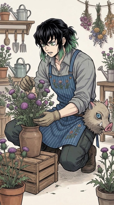 保持原图二次元漫画线稿上色风格，绘制花店服务员嘴平伊之助，搭配不一样的服装，设计和参考图不同的人物动作，身边带有蓟花预览效果