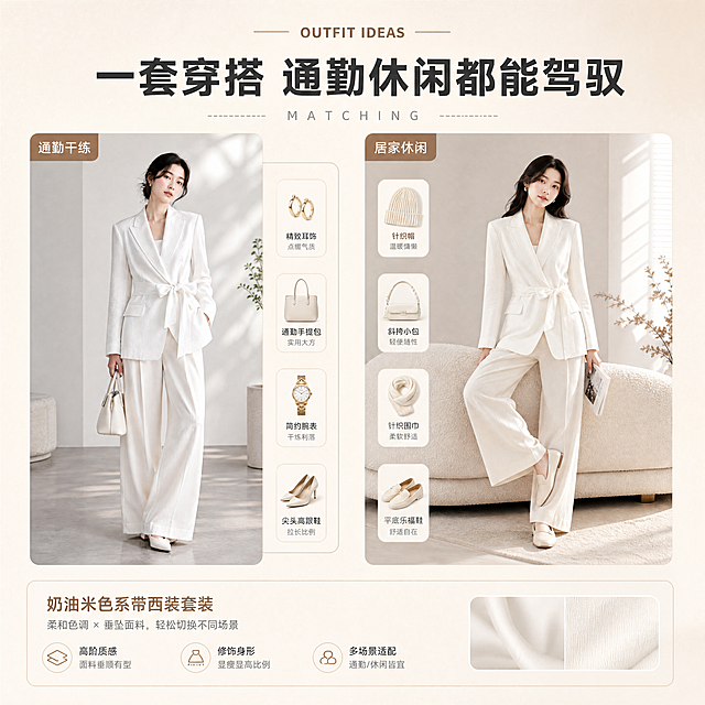 [商品] 使用【图1】【图5】奶油米色系带西装上衣与配套长裤，保留款式颜色结构与垂坠质感。
[画面] 搭配灵感页：左右两组穿搭拼图，左侧极简空间内上衣搭配阔腿裤通勤造型，右侧暖白沙发家居氛围中休闲造型，中间英文 MATCHING 小字，下方短中文说明，左右分栏1:1构图。
[视觉] 套系策略：风格=秋冬暖调极简高级感商业摄影，韩系简约；标题字=现代无衬线粗体；正文字=简洁无衬线体；主色=奶油米白；背景延展=基于奶油米白做深浅层级、同色渐变与细腻织物/纸张质感；强调色=焦糖棕，仅用于小面积图标、引线和标签；标题色=深炭灰；正文色=中暖灰；组件=圆角浅底信息卡、细线引线、针织纹样标签；光影=左前侧暖柔光。
[文字] 主标题“一套穿搭 通勤休闲都能驾驭”，配短标签：通勤干练 / 居家休闲；英文装饰 OUTFIT IDEAS；所有文字横向排版，简体中文。
[规格] 图片比例1:1，4K，避免变形、错字、文字过小、冷蓝灰背景、颜色改变、款式失真。