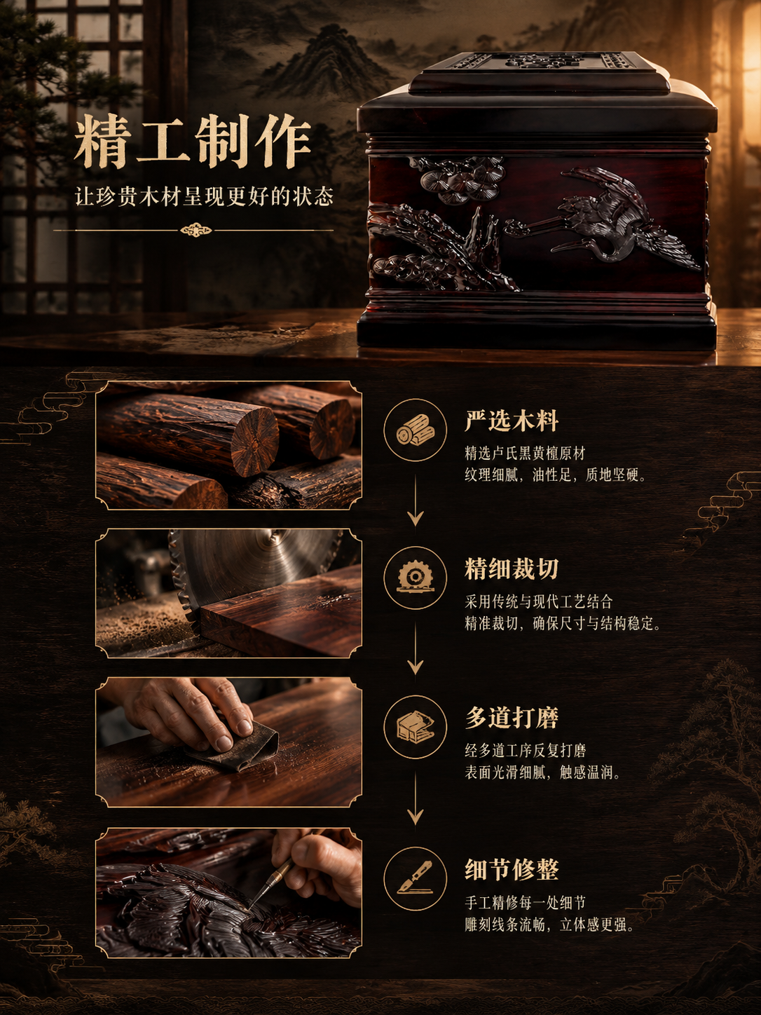 [商品] 使用【图4】卢氏黑黄檀骨灰盒侧面松鹤雕刻款；保留松鹤… - 图片创意预览