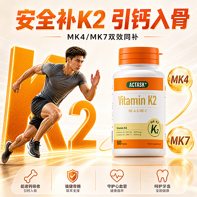 电商产品宣传图，左侧是正在蓄力待发奔跑的男士，男士背后是巨大的大写K，旁边有尺寸为K一半的数字2组成"K2"，右侧放置Vitamin K2产品，产品周围悬浮着2个金色气泡，气泡中分别写着"MK4"和"MK7"，图片顶部居中放置超大字文案"安全补K2 引钙入骨"，文案下方放置小字"MK4/MK7双效同补"，整体配色和保健品产品风格匹配，突出主文案