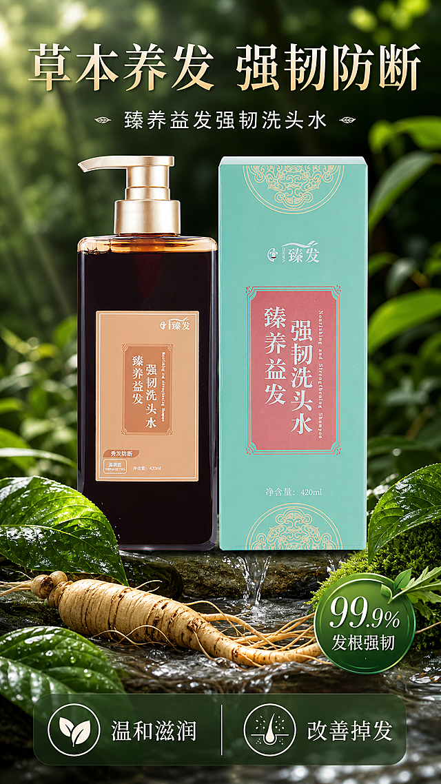 [第1屏] 详情页首屏头图，臻养益发强韧洗头水产品宣传海报。保持原图中臻发强韧洗头水瓶身和包装盒的物理结构、颜色、材质、文字和包装设计完全一致。[氛围/风格] 自然草本护发风格，清新自然氛围，参考图户外绿植背景，商业摄影质感，高级自然光影。[元素布局] 洗发水瓶身和产品包装盒并列放置在画面中央偏上位置，占据画面约70%主体区域，背景为绿意盎然的自然绿植森林，前景放置新鲜的人参草本原料，流水环绕，营造天然养发氛围感。整体无边框满铺。[光影质感] 柔和自然光从左侧照射，形成自然明暗层次，瓶身和包装盒轮廓清晰真实，整体干净高级。[配色色系] 全局底色：#2a5c37（深自然绿）；主体配色：深棕色瓶身搭配金色泵头，浅棕色瓶标，青绿色包装盒搭配红粉色区域；辅助色：绿色背景，原木色水流装饰，白色和棕色文字。[视角构图] 正面平视视角，景深效果，背景虚化突出主体产品。[文字版式] 顶部放置大主标题“草本养发 强韧防断”，白色搭配浅棕色渐变，字号占画面宽度10%，居中对齐；主标题下方放置副标题“臻养益发强韧洗头水”，白色字体，字号约为主标题的40%；右下角放置圆形徽章卖点“99.9%发根强韧”，白色文字搭配绿色圆底；底部放置信息条，列出“温和滋润 改善掉发”两个核心卖点，每个卖点配小icon，白色文字。文字不遮挡主体产品，排版清晰符合移动端阅读。[比例分辨率] 9:16竖版比例，2K分辨率，文字清晰可辨，超高清。[负向提示词] 产品变形，包装文字错乱，颜色偏差，水印，背景杂乱，文字模糊，结构错误