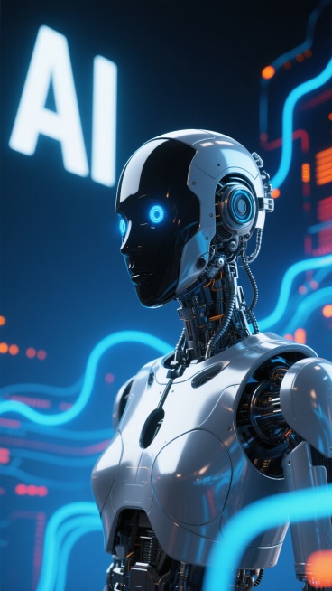 超写实3D渲染的科技感机器人，金属质感的黑色头部与银色躯干，蓝色发光眼睛与内部机械结构细节清晰可见，头部微微侧转，背景是深邃的蓝色渐变，布满流动的霓虹蓝色数据流线条与橙色、红色光点，左侧有巨大醒目的白色“AI”字样，整体光影效果强烈，高光与阴影对比鲜明，营造出未来感与科技氛围，画面聚焦机器人上半身，构图紧凑，充满视觉冲击力。预览效果