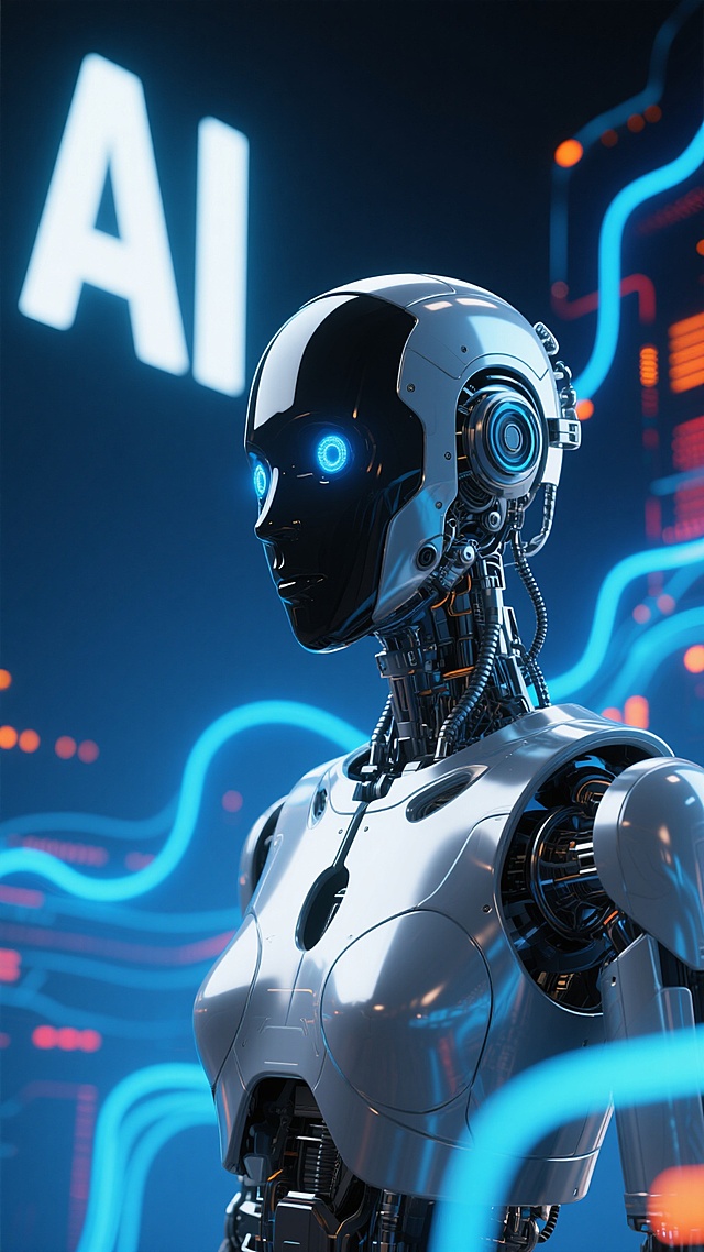 超写实3D渲染的科技感机器人，金属质感的黑色头部与银色躯干，蓝色发光眼睛与内部机械结构细节清晰可见，头部微微侧转，背景是深邃的蓝色渐变，布满流动的霓虹蓝色数据流线条与橙色、红色光点，左侧有巨大醒目的白色“AI”字样，整体光影效果强烈，高光与阴影对比鲜明，营造出未来感与科技氛围，画面聚焦机器人上半身，构图紧凑，充满视觉冲击力。
