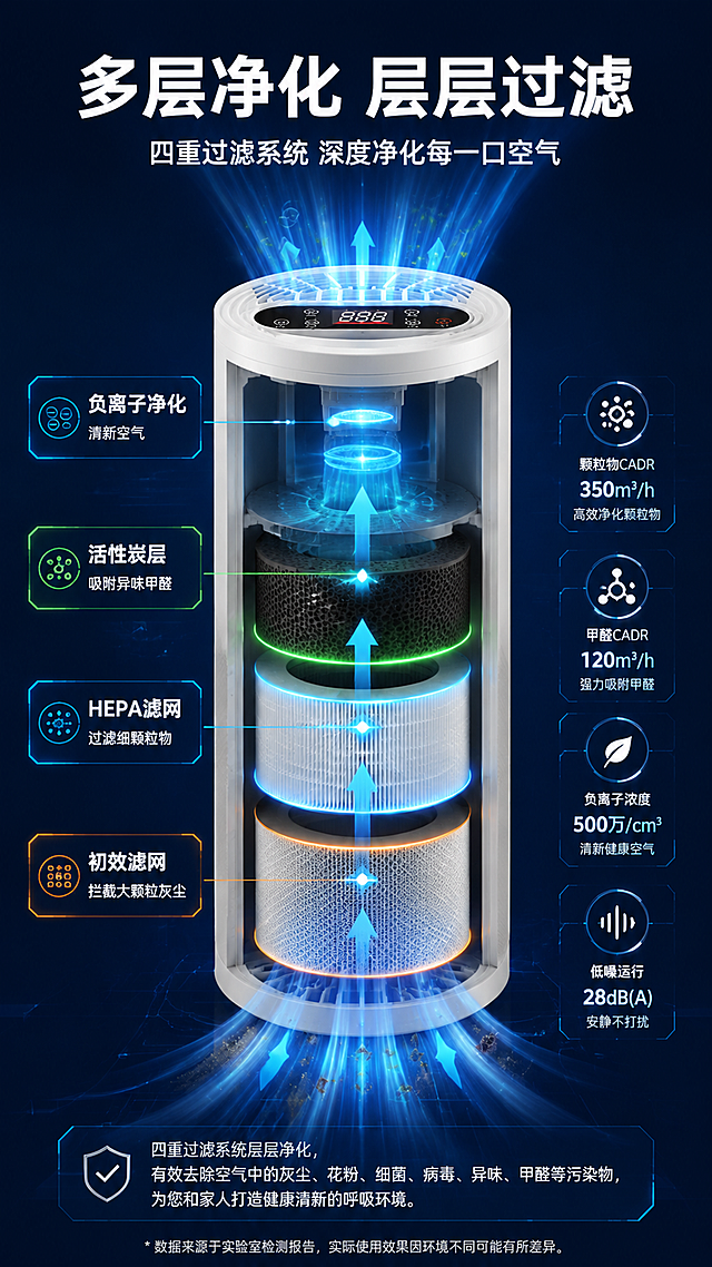 [第4张] 详情页核心技术-多层净化系统剖面原理示意。本张使用【图1】作为产品主体，展示内部结构剖面。
[氛围/风格] 科技感剖面示意图，深蓝背景配发光线条，专业技术感，3D渲染质感。
[元素布局] 产品纵向半剖开放在画面中央，占比约55%，清晰展示内部多层净化结构：从外到内依次为初效滤网、HEPA滤网、活性炭层、负离子发生器；每层用不同颜色区分，并有发光箭头指示空气流动方向（从底部进风、经过滤网、从顶部出风）；周围有技术数据标签悬浮；产品外部轮廓与输入图一致。
[光影质感] 深蓝色背景下产品内部结构发光，每层滤网红蓝渐变光效，气流路径用淡蓝色发光线条表示，整体科技感强。
[配色色系] 全局底色 #1A2942 深蓝科技底；主色白色产品外壳；内部结构用蓝、绿、橙渐变色区分；文字白色。
[视角构图] 正面透视剖面视角，产品居中，信息标签环绕四周，阅读动线从底部进风到顶部出风。
[文字版式] 顶部主标题「多层净化 层层过滤」，白色粗黑体居中；副标题「四重过滤系统 深度净化每一口空气」；每层结构旁配引线标签：「初效滤网 拦截大颗粒灰尘」「HEPA滤网 过滤细颗粒物」「活性炭层 吸附异味甲醛」「负离子净化 清新空气」；底部加技术说明小字；文字清晰不遮挡核心结构。
[比例分辨率] 9:16 竖版比例，4K 分辨率，文字清晰可辨，高清画质。
[负向提示词] 产品外形变形，结构错误，水印，文字错乱，文字过小，颜色偏差。