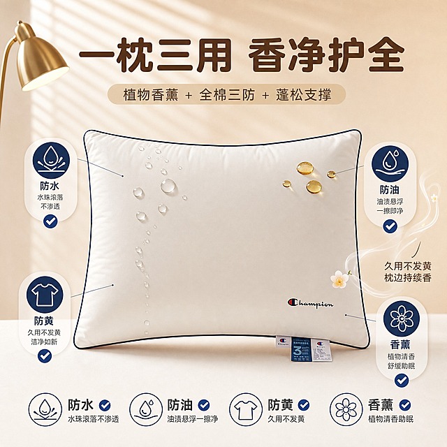 [主图-4] 香薰+三防双卖点组合图，展示「不仅香 还防油防汗防黄」，突出性价比。
[统一基调] 风格=温馨治愈日式家居商业摄影风；主色=奶白+暖杏+藏青；标题字=现代圆润粗黑体；正文字=简洁无衬线体；强调色=藏青色；标题色=深暖棕；正文色=中暖灰；组件=圆角功能图标、水珠/油珠效果、对勾图标；光影=暖调柔光，干净通透。
[画面] 使用【高枕图3】高枕正面图，保留白色枕身、藏青滚边、Champion Logo、蓝白三防标签，饱满蓬松形态；产品居中，占画面60%；枕面左上方有晶莹水珠滚落（防水演示），右上方有油珠悬浮不渗透（防油演示）；枕角有淡淡香氛线条飘出（香薰功能）；画面四角分布4个功能图标；背景是纯净暖白渐变，左侧有柔和百叶窗光影和金色落地灯一角；整体干净高级，功能点一目了然。
[光影质感] 左前侧暖柔光，面料有自然光泽，水珠和油珠晶莹剔透有高光，香氛线条柔和，整体通透有质感。
[配色] 奶白+暖杏为主，藏青色用于图标和标签，水珠透明高光，油珠浅金色，整体暖调统一。
[文字版式] 顶部主标题「一枕三用 香净护全」；副标题「植物香薰 + 全棉三防 + 蓬松支撑」；底部4个功能图标横向排列：「防水」「防油」「防黄」「香薰」，每个图标配藏青色对勾和文字；右侧引线标注：「久用不发黄 枕边持续香」；文字全部横向排版，大字清晰。
[输出要求] 比例1:1方图，2K分辨率，产品完整，功能效果真实；禁止变形、错字、虚假功效、冷色调、文字过小。