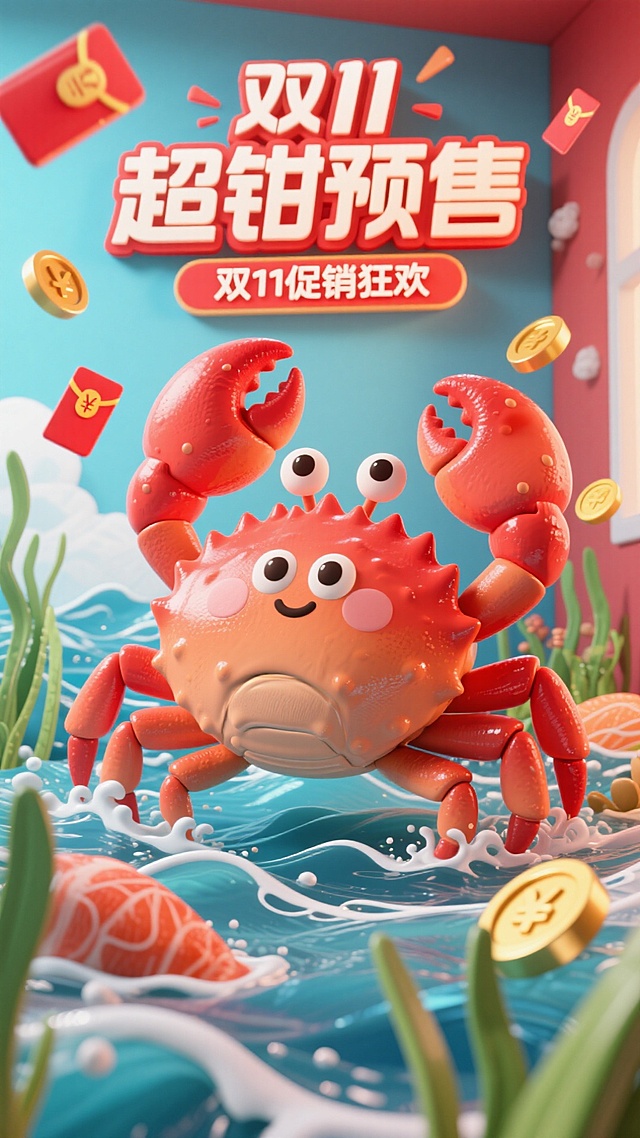 以卡通帝王蟹形象为核心，海浪、海草、生鲜元素，带有红包、优惠券、金币等促销元素，墙上有文字“超“钳”预售”，下面有设计感小字“双11促销狂欢”，以红色色调为主的双11促销氛围