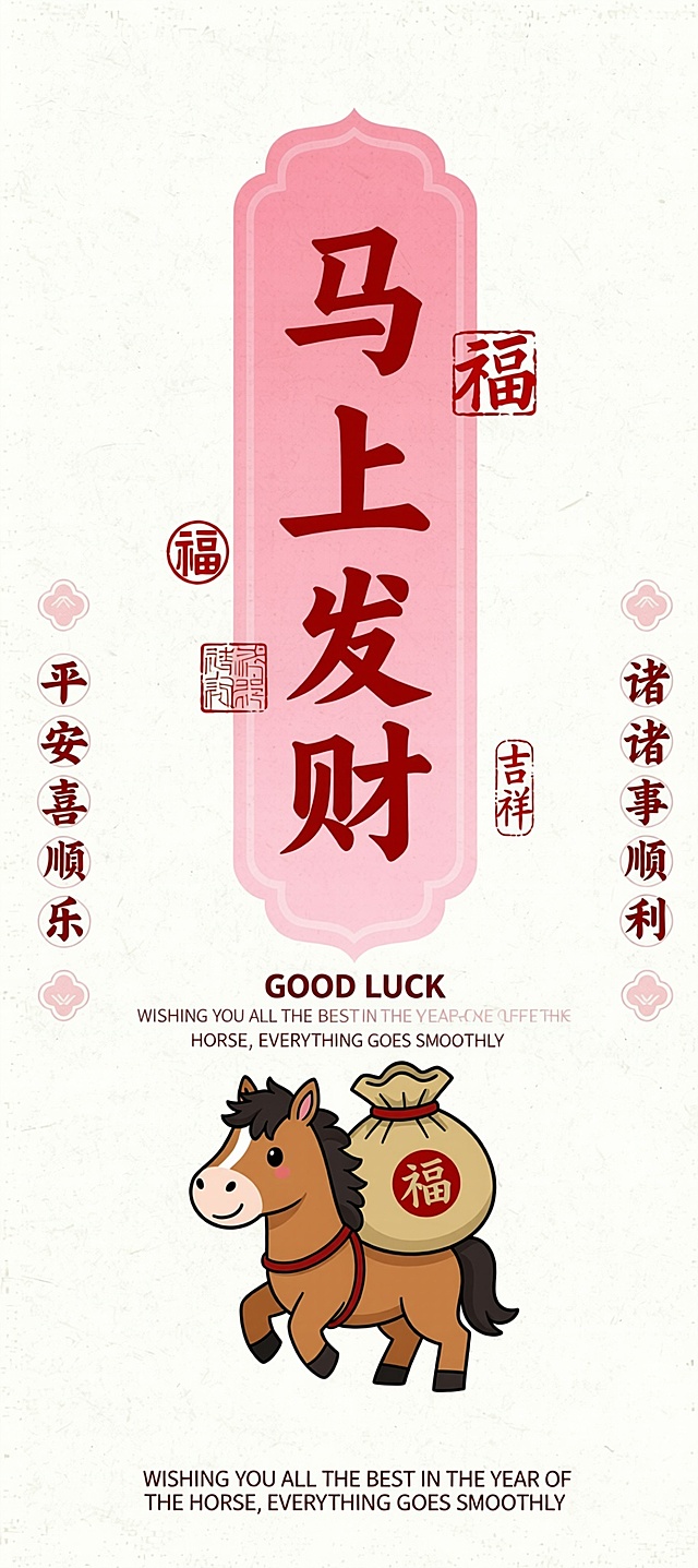 马上发财，主题颜色为红色，两边小字改为平安喜乐，诸事顺利，手握莲花改为卡通小马背着钱袋