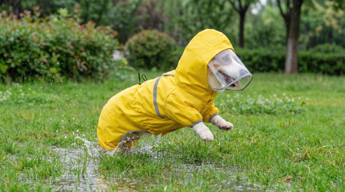 柯基狗狗穿着亮黄色带反光条的四脚连帽雨衣，透明挡雨面罩，在雨后的草地上跳跃玩耍，保持雨衣主体特征不变，自然清新的户外场景，写实风格预览效果